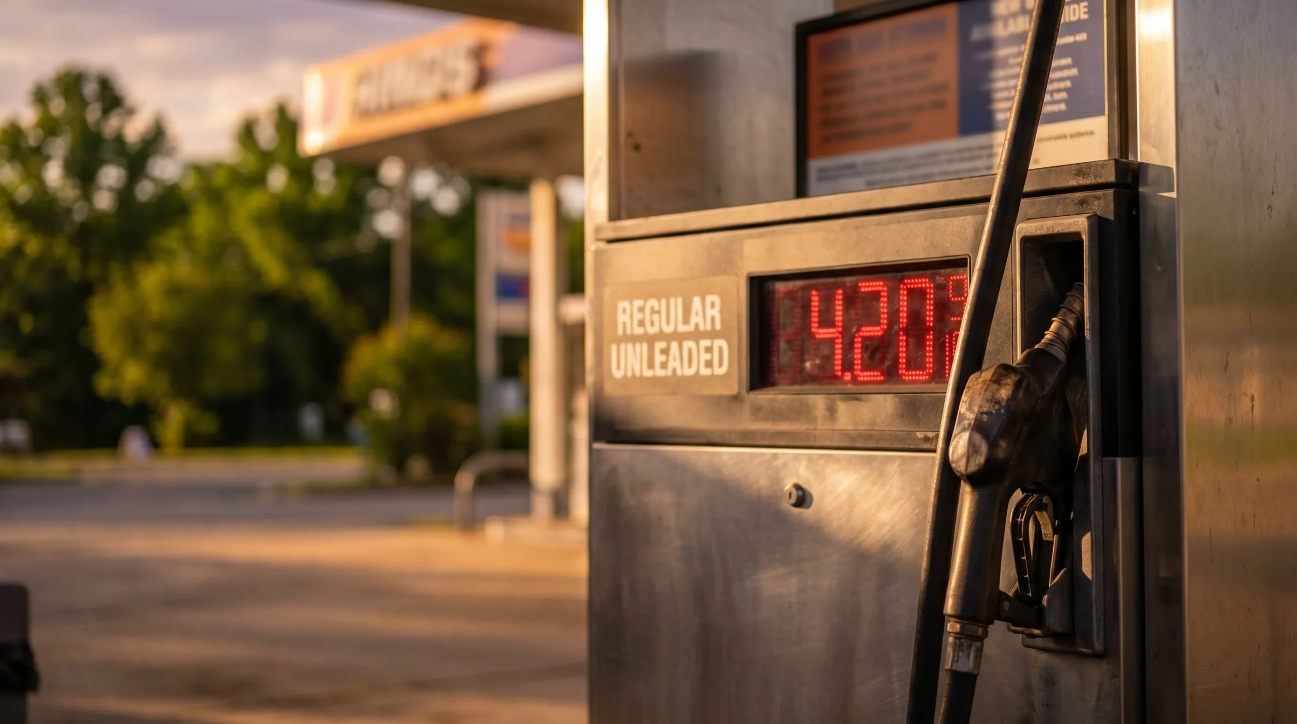 Single self-service gasoline pump nozzle hanging on a pump with a digital price display showing 4.20 per gallon for regular unleaded at a Virginia gas station, late afternoon golden-hour light, station signage softly blurred in the background.