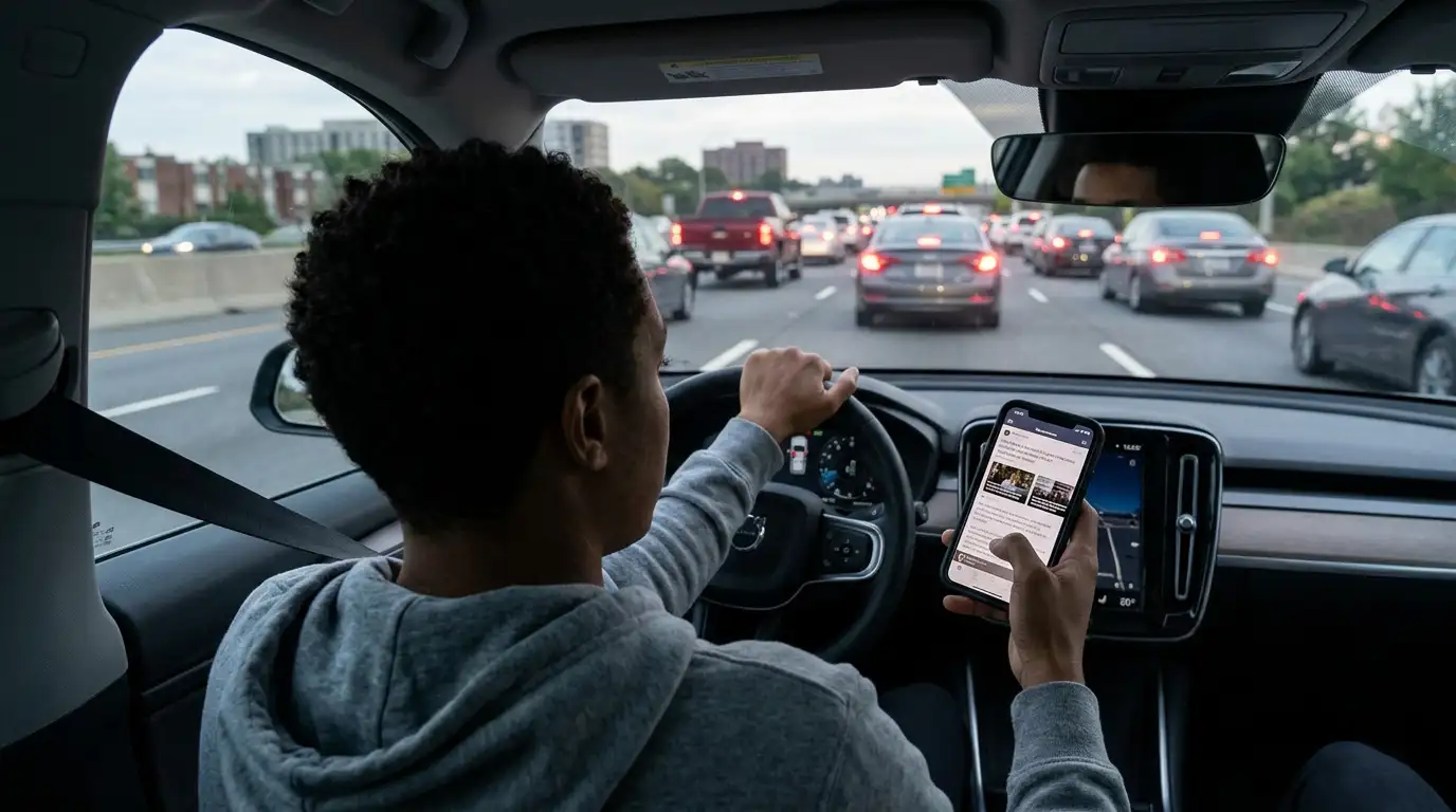 A driver in Fairfax County traffic steers with one hand while holding a phone in the other