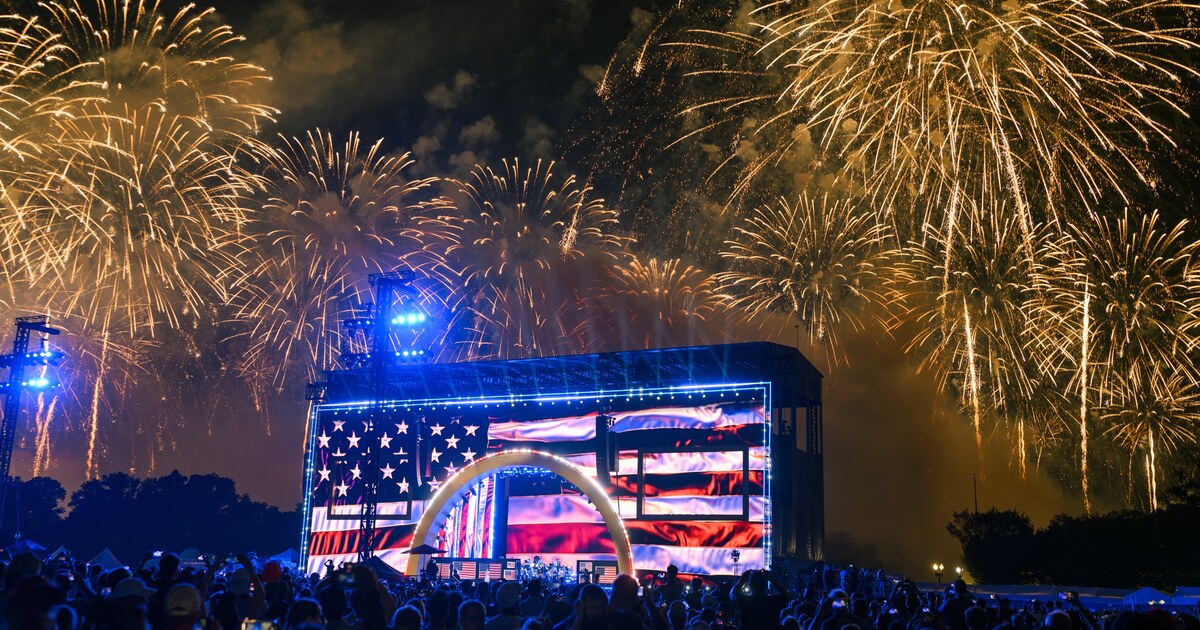 Fireworks over the Salute to America stage on the National Mall for America's 250th birthday