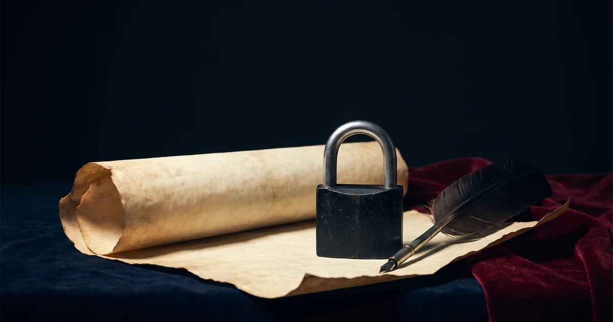 A padlock resting on an aged constitution scroll with a quill pen