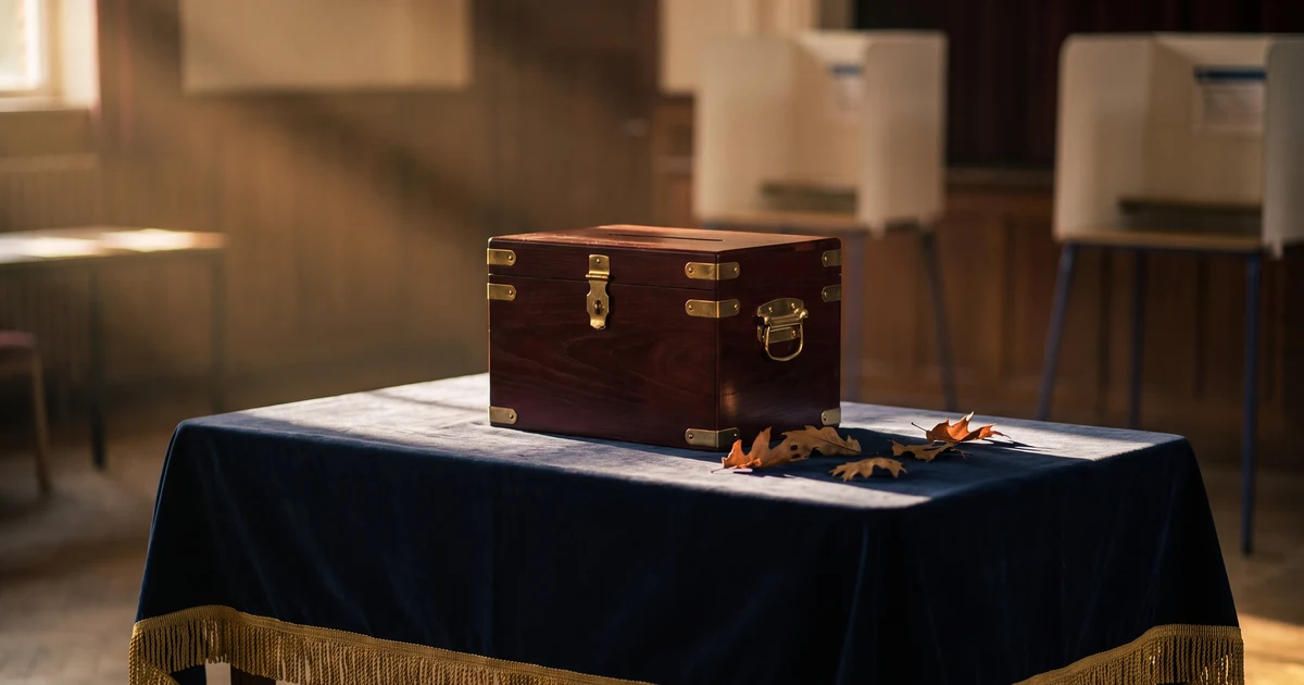 A wooden ballot box on a navy-draped table in a polling place with autumn leaves