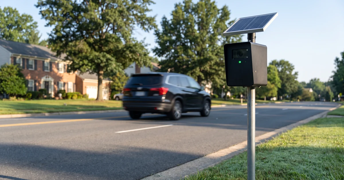 A Flock-style license plate reader camera with a solar panel, switched on, beside a suburban Fairfax County road