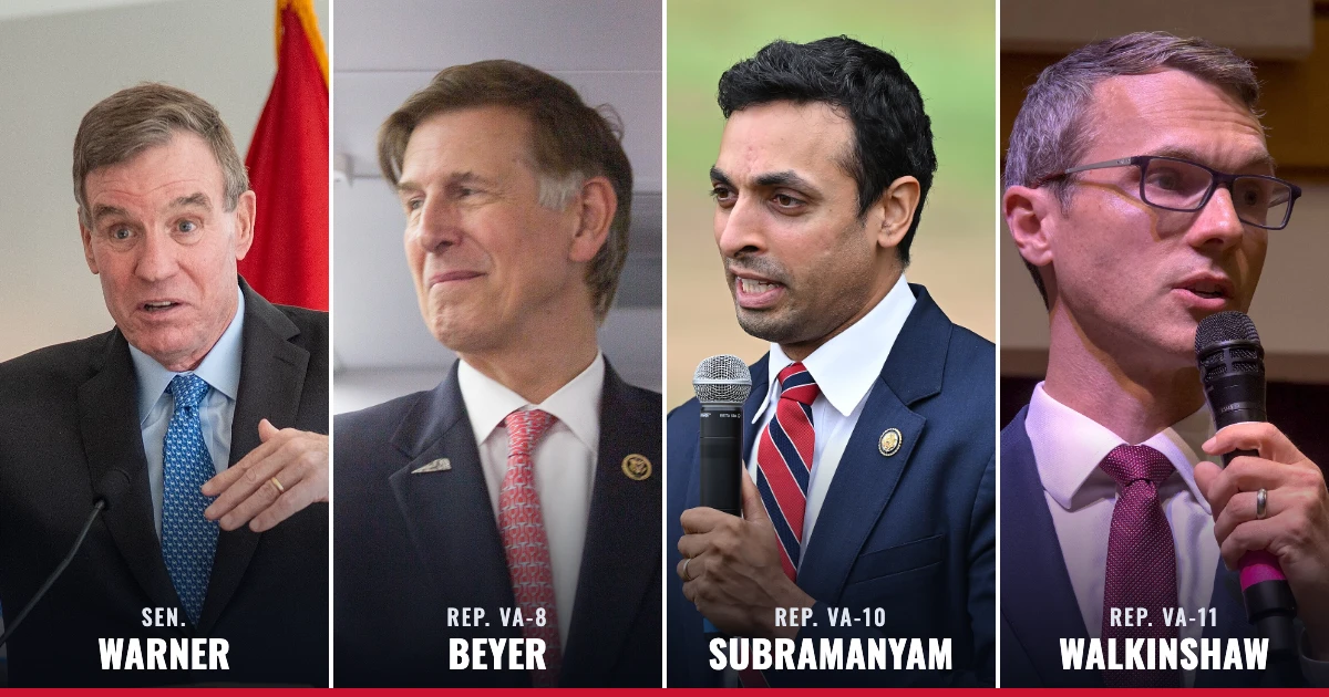 Four side-by-side photographs of the four Democrats on Fairfax ballots: Sen. Mark Warner, Rep. Don Beyer, Rep. Suhas Subramanyam and Rep. James Walkinshaw.