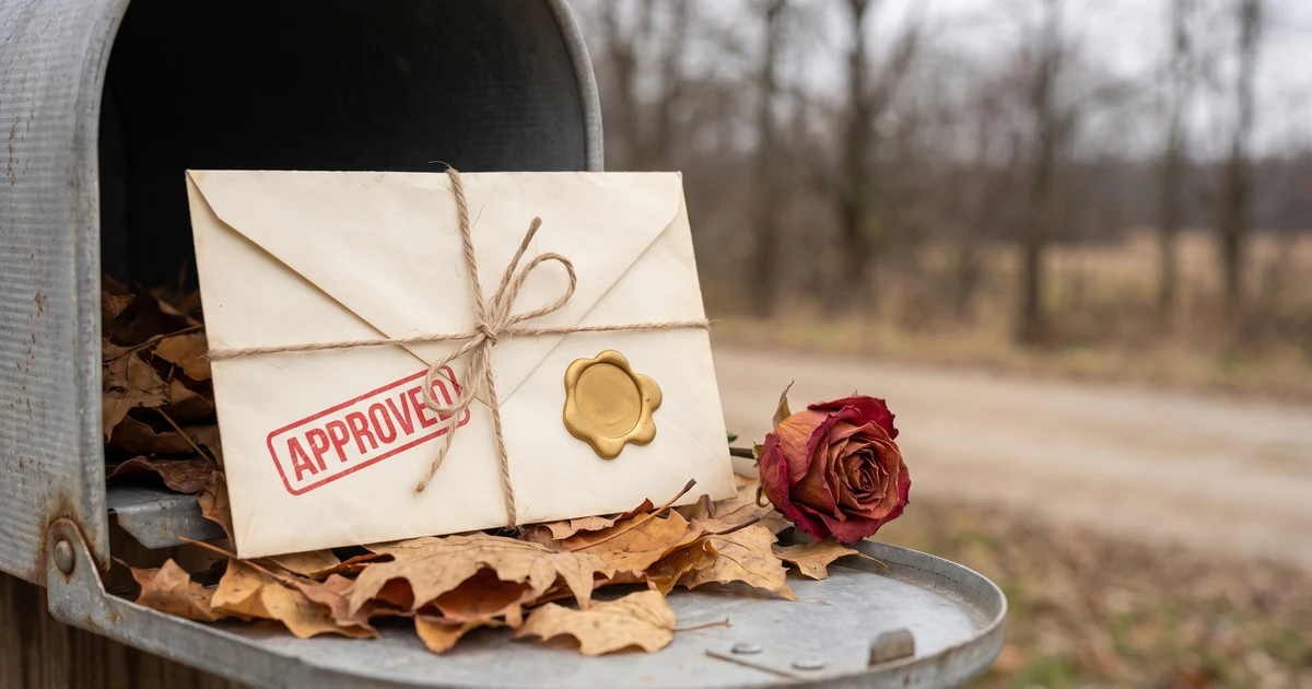 An APPROVED government envelope in a rural mailbox beside a dead rose