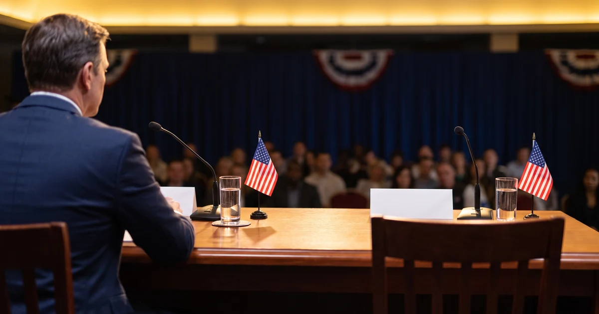 An empty chair beside a candidate at a forum debate table